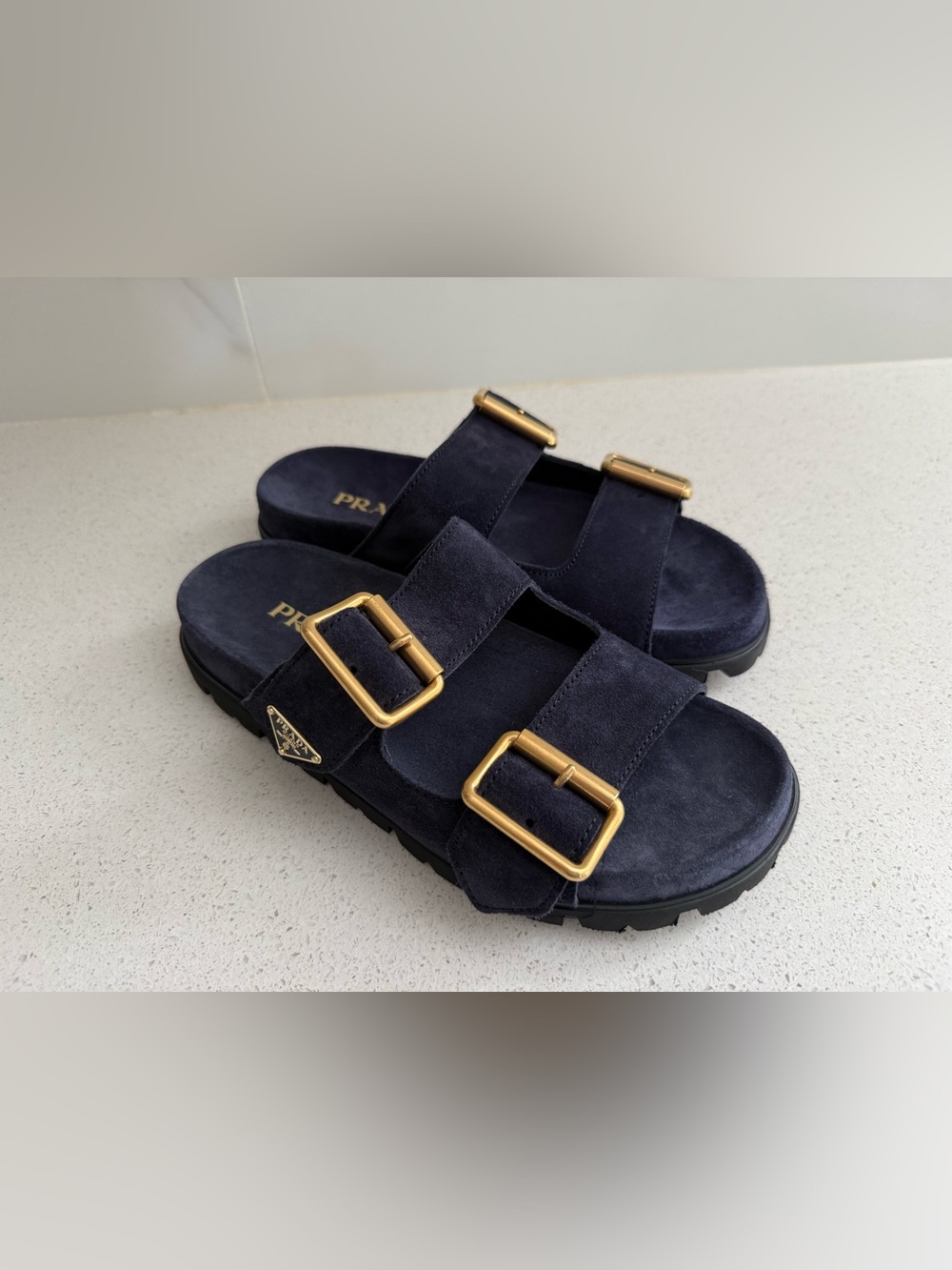 Prada Buckle Blue Suede Sandals/Slides Size EU 38 US 8